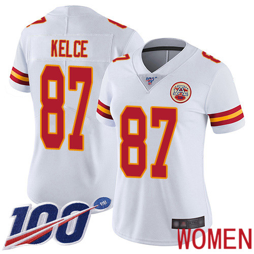 Women Kansas City Chiefs #87 Kelce Travis White Vapor Untouchable Limited Player 100th Season Football Nike NFL Jersey->women nfl jersey->Women Jersey